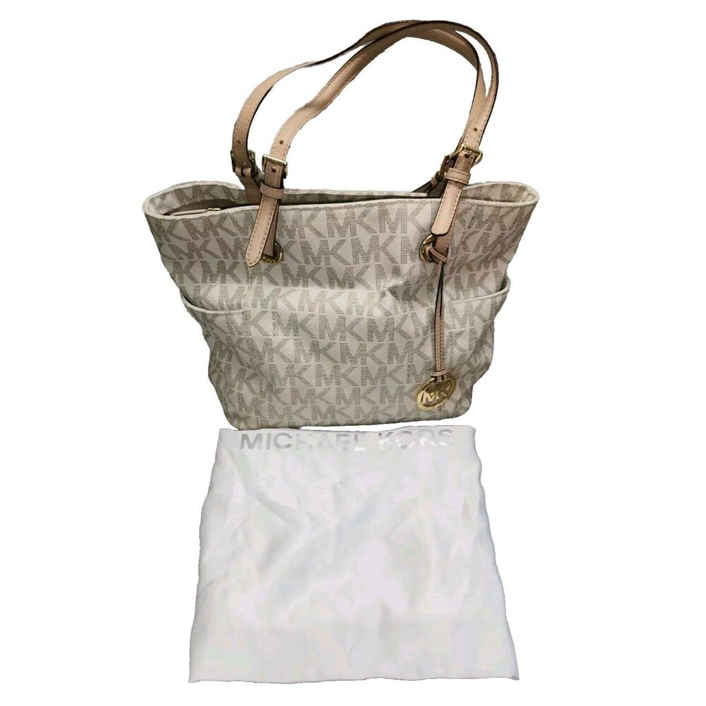 Michael Kors Signature Tote Shoulder Bag Beige Purse with Dust Bag